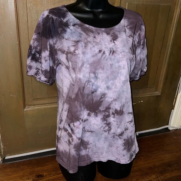 Amour Vert Purple Acid Wash Puffed Short Sleeve Organic Cotton Shirt Size M - Picture 2 of 8